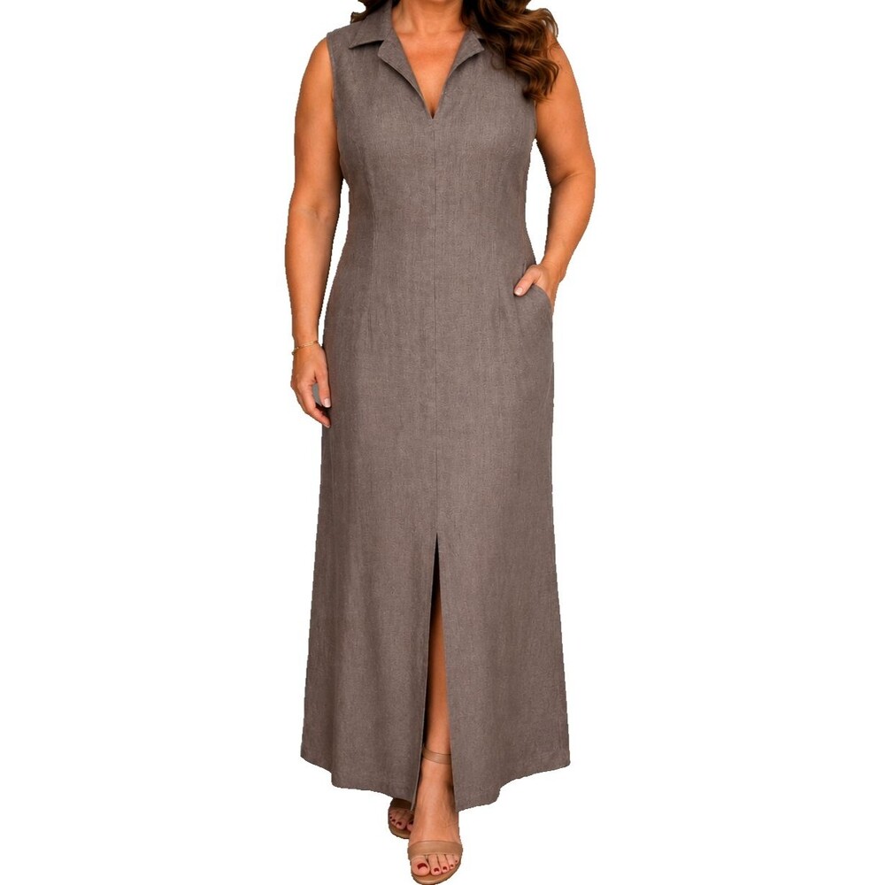 Finity Long 100% Linen Dress Womens Sz 14 Dk Taupe